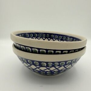 Boleslawiec Polish Pottery Bowls Blue Lattice Pattern Handmade Poland - A Pair